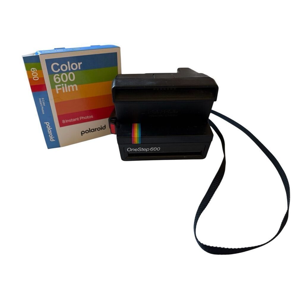 Vintage Polaroid OneStep 600 Land Camera Black Rainbow Stripe with Film Working